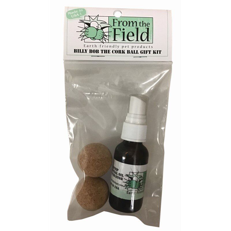 two cork balls with a catnip spray rejuvenator gift kit