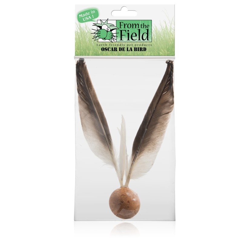 Oscar De La Bird Cat Toy with Natural Feathers and Cork Ball in Retail Packaging Made in USA